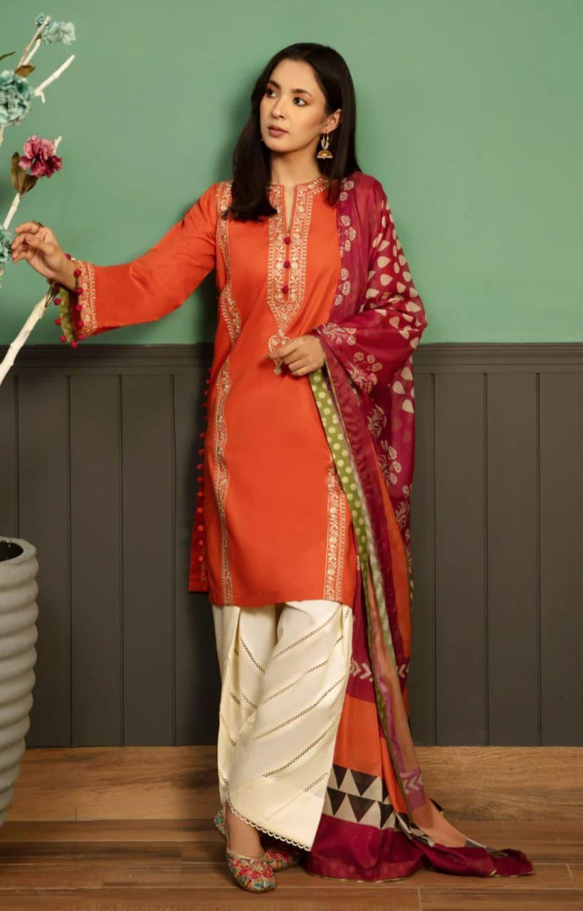 Orange Embroidered Dhanak