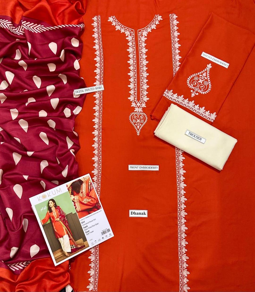 Orange Embroidered Dhanak