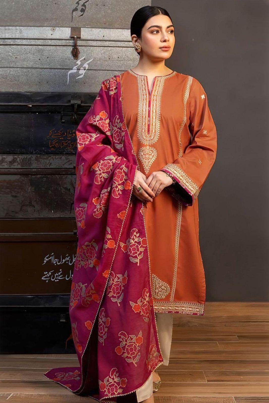 Orange Embroidered Dhanak