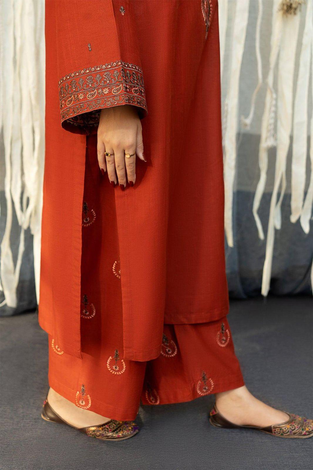 Orange Embroidered Dhanak