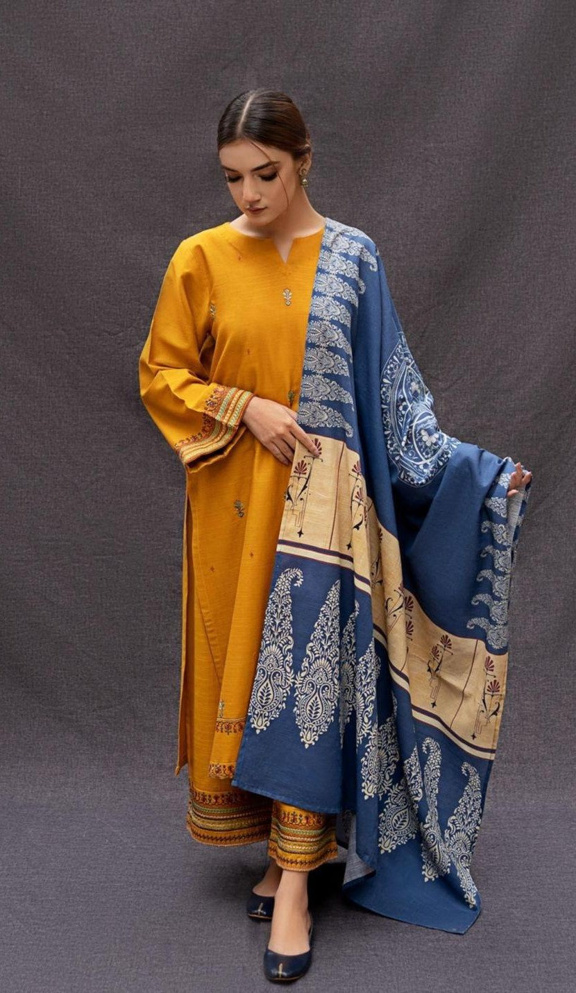 Mustard Embroidered Dhanak