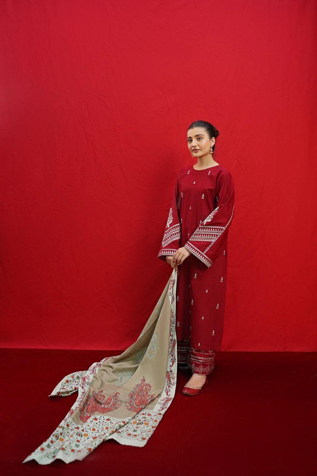 Maroon Embroidered Dhanak