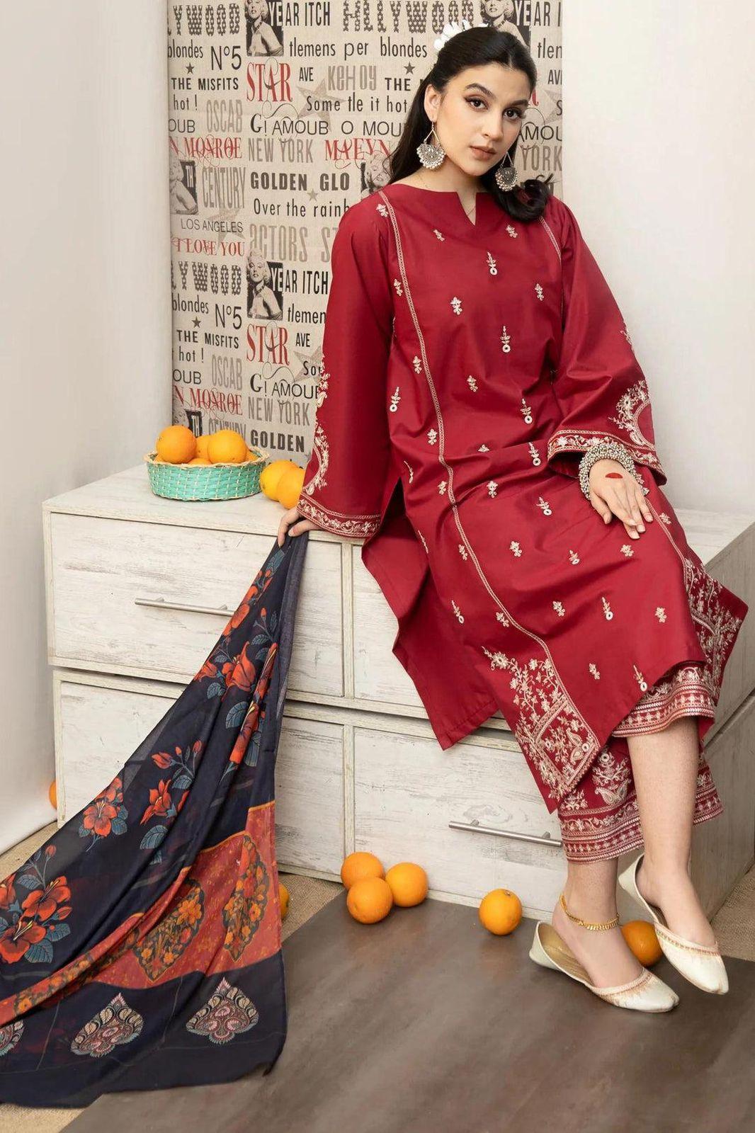 Maroon Embroidered Dhanak