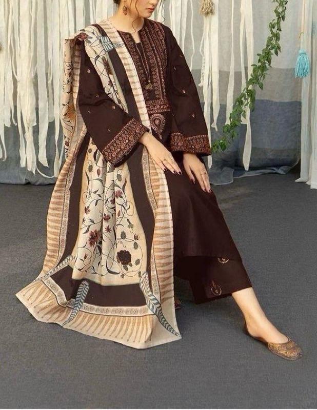 Brown Embroidered Dhanak