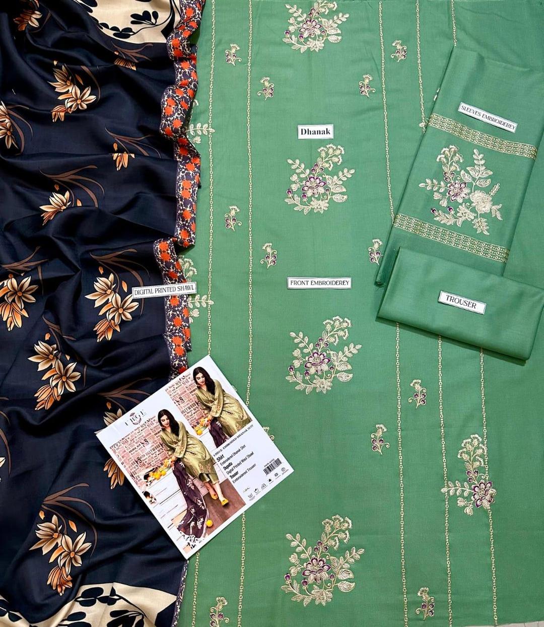 Green Embroidered Dhanak