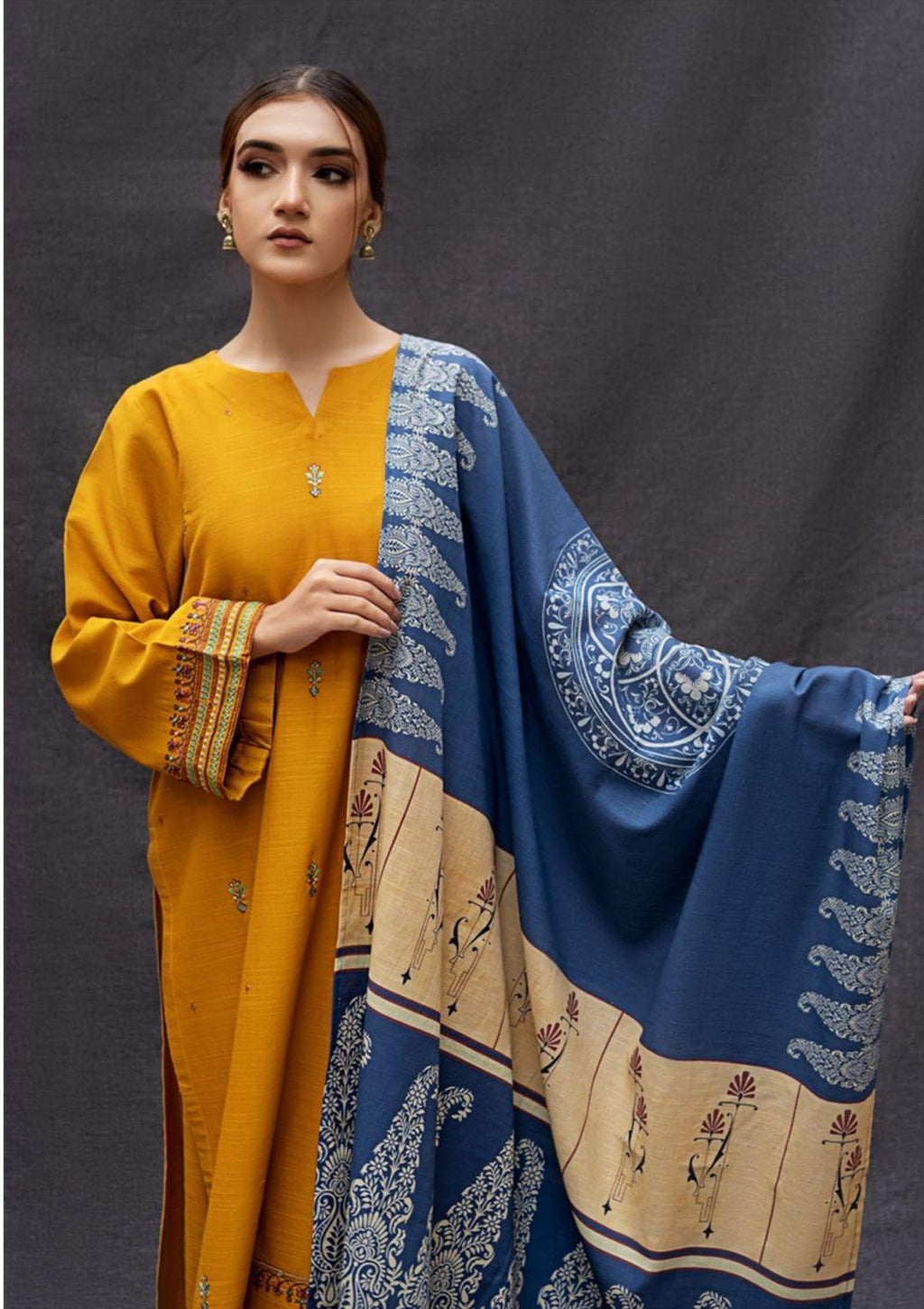 Mustard Embroidered Dhanak