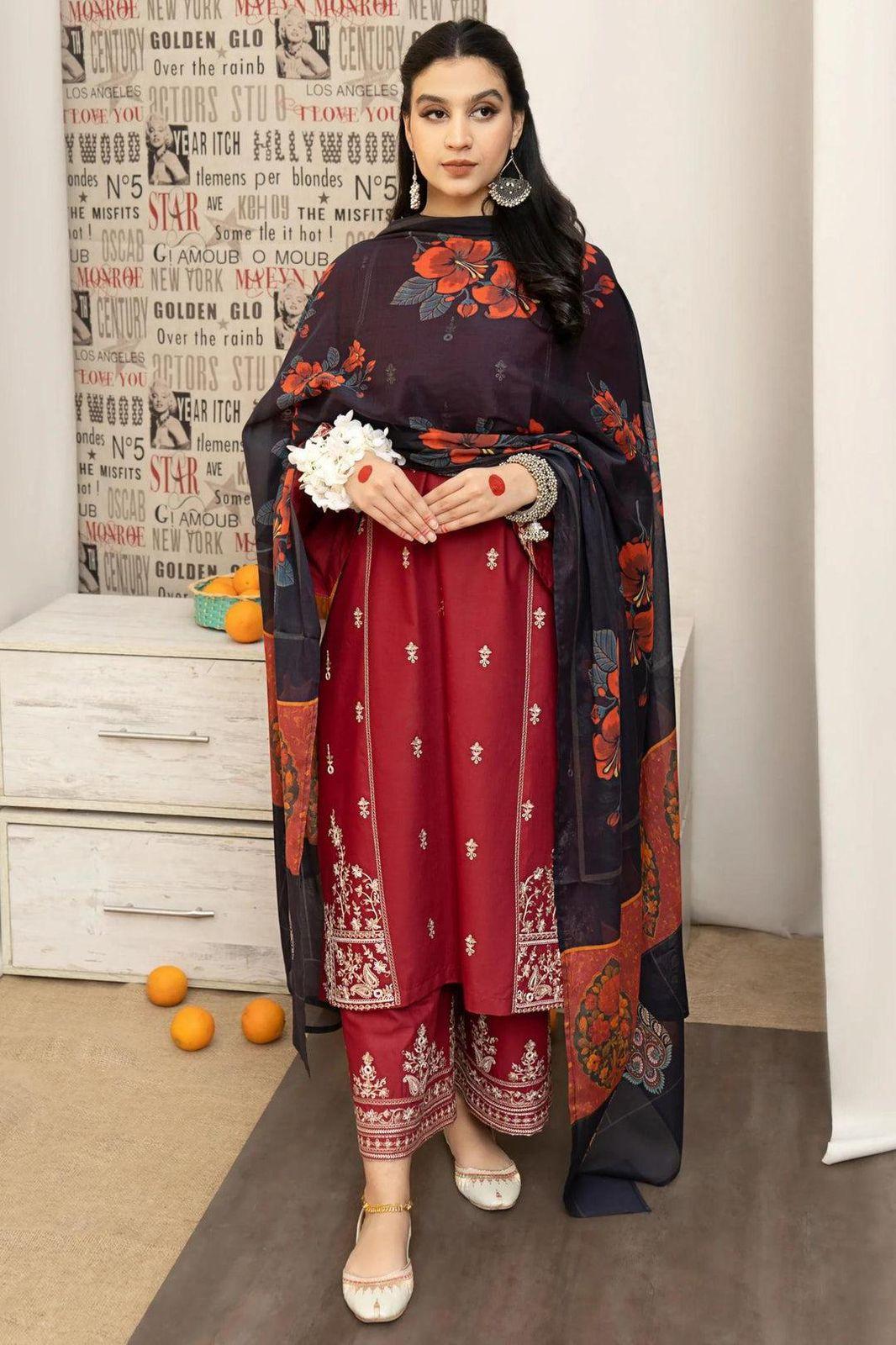 Maroon Embroidered Dhanak