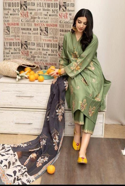 Green Embroidered Dhanak