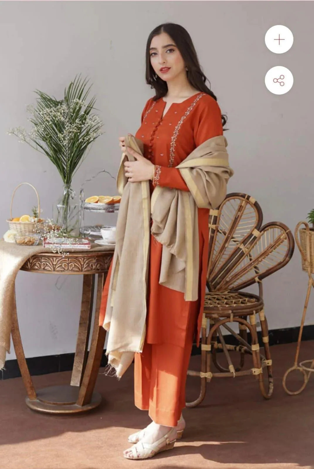 Orange Embroidered Dhanak