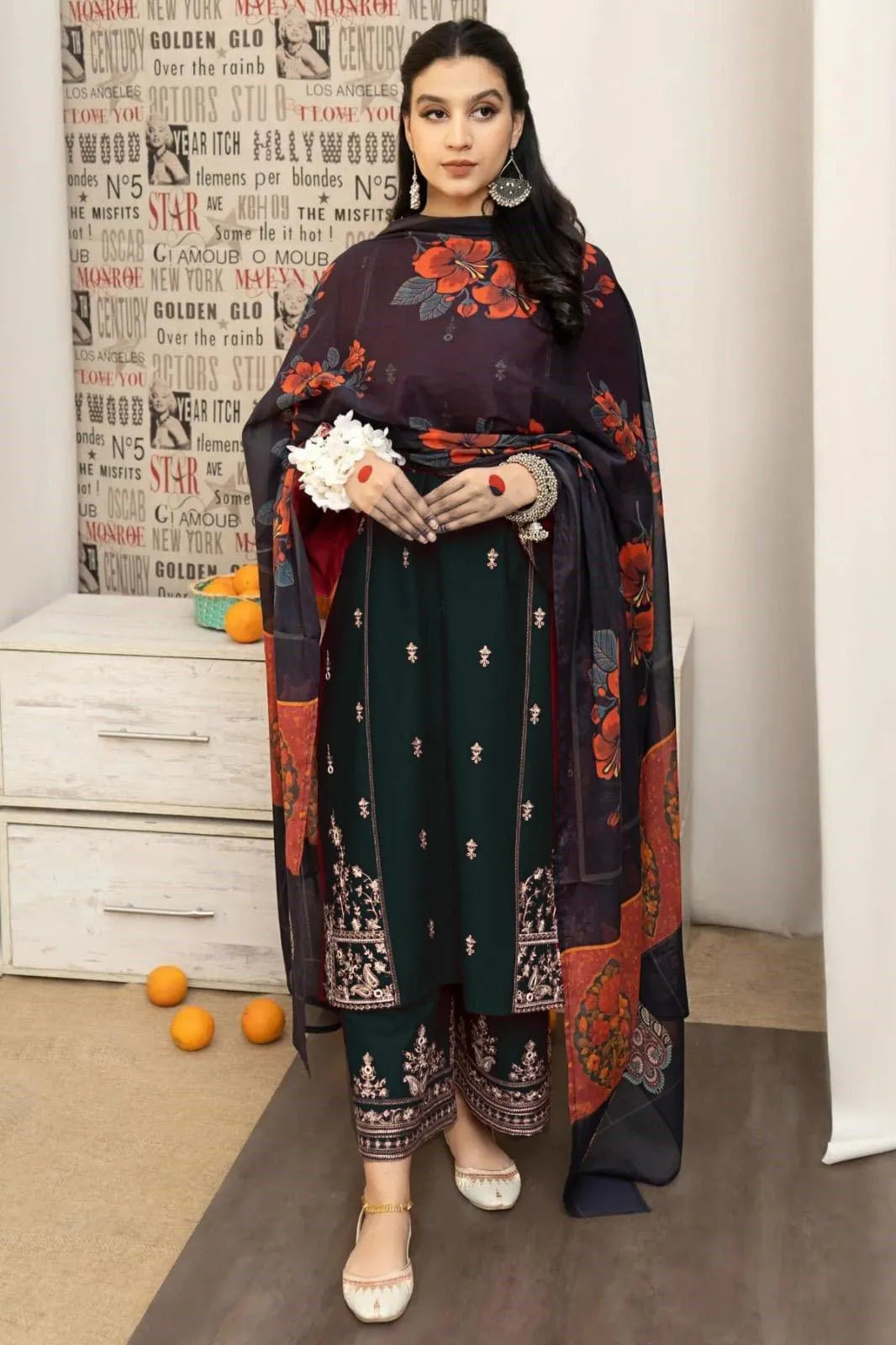 Black Embroidered Dhanak