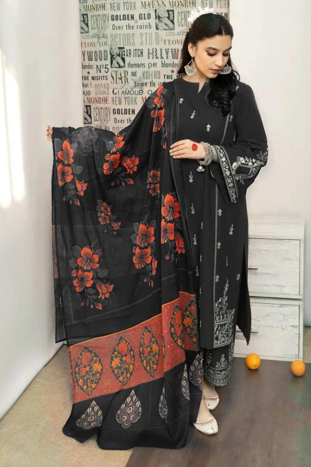 Black Embroidered Dhanak