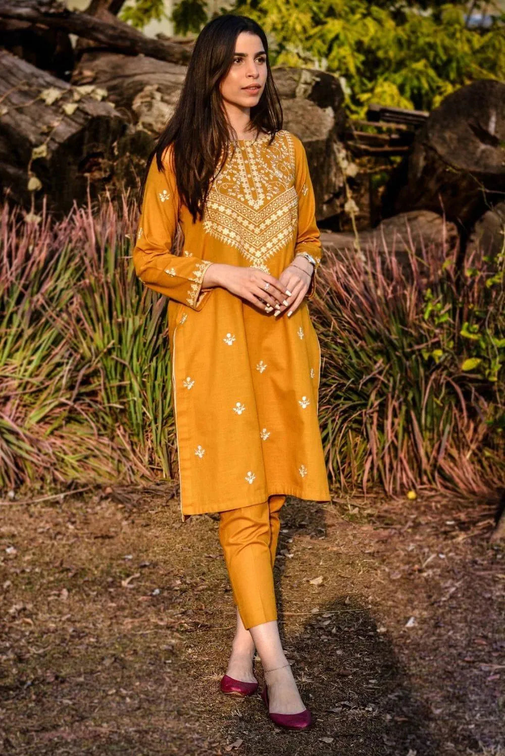 Mustard Embroidered Dhanak
