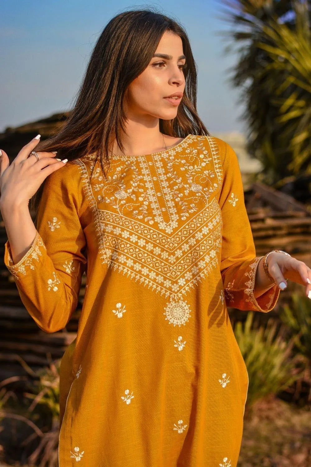 Mustard Embroidered Dhanak