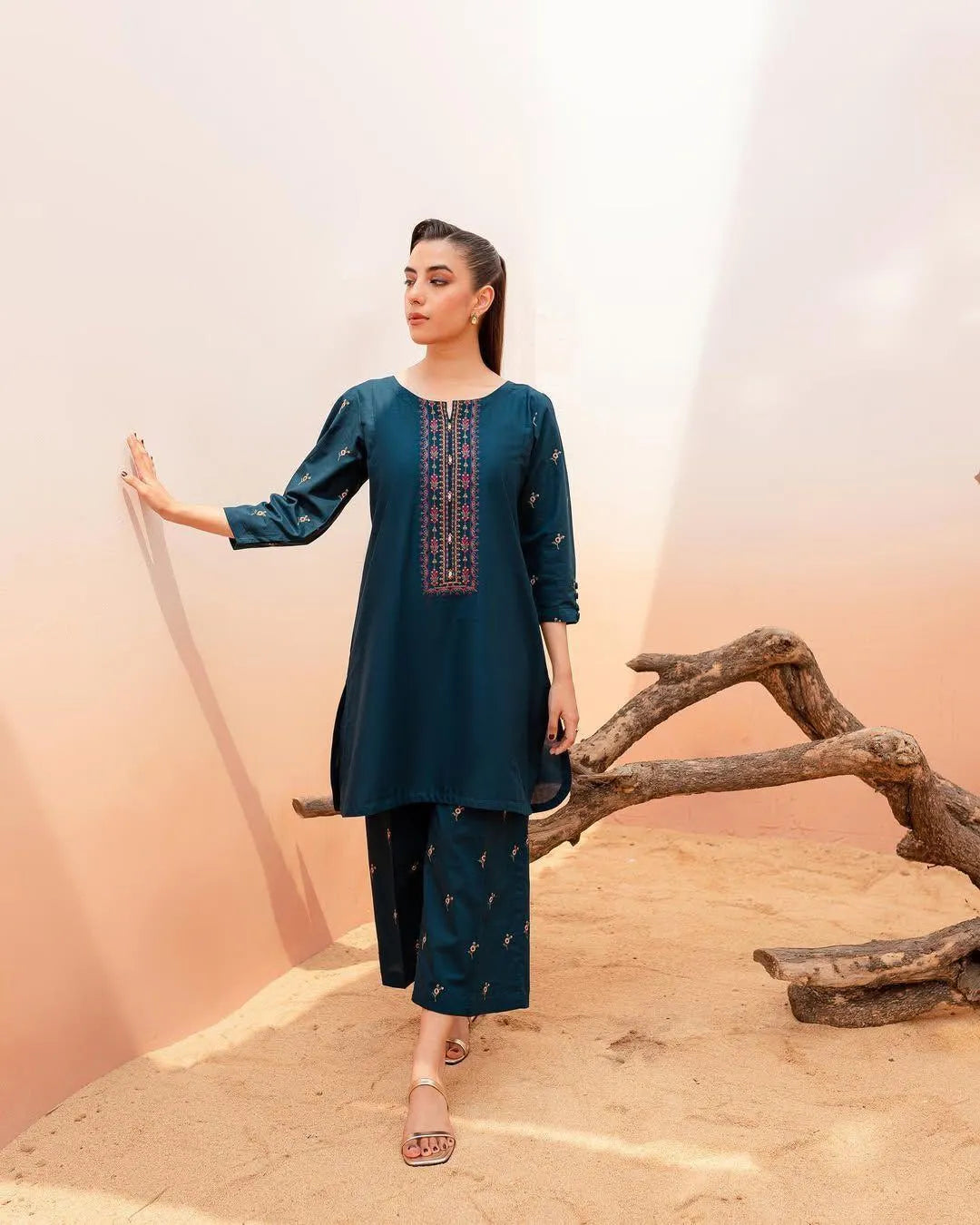 Blue Embroidered Dhanak