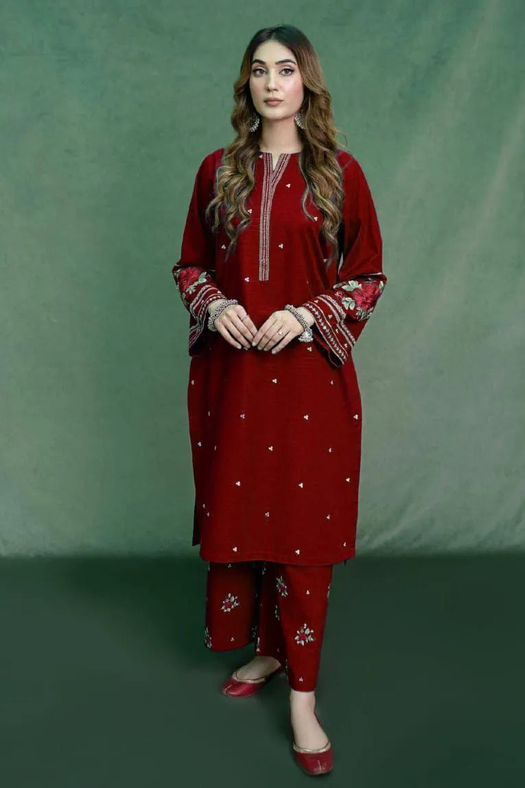 Maroon Embroidered Dhanak