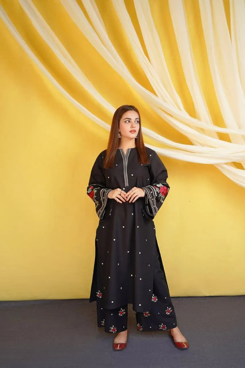 Black Embroidered Dhanak