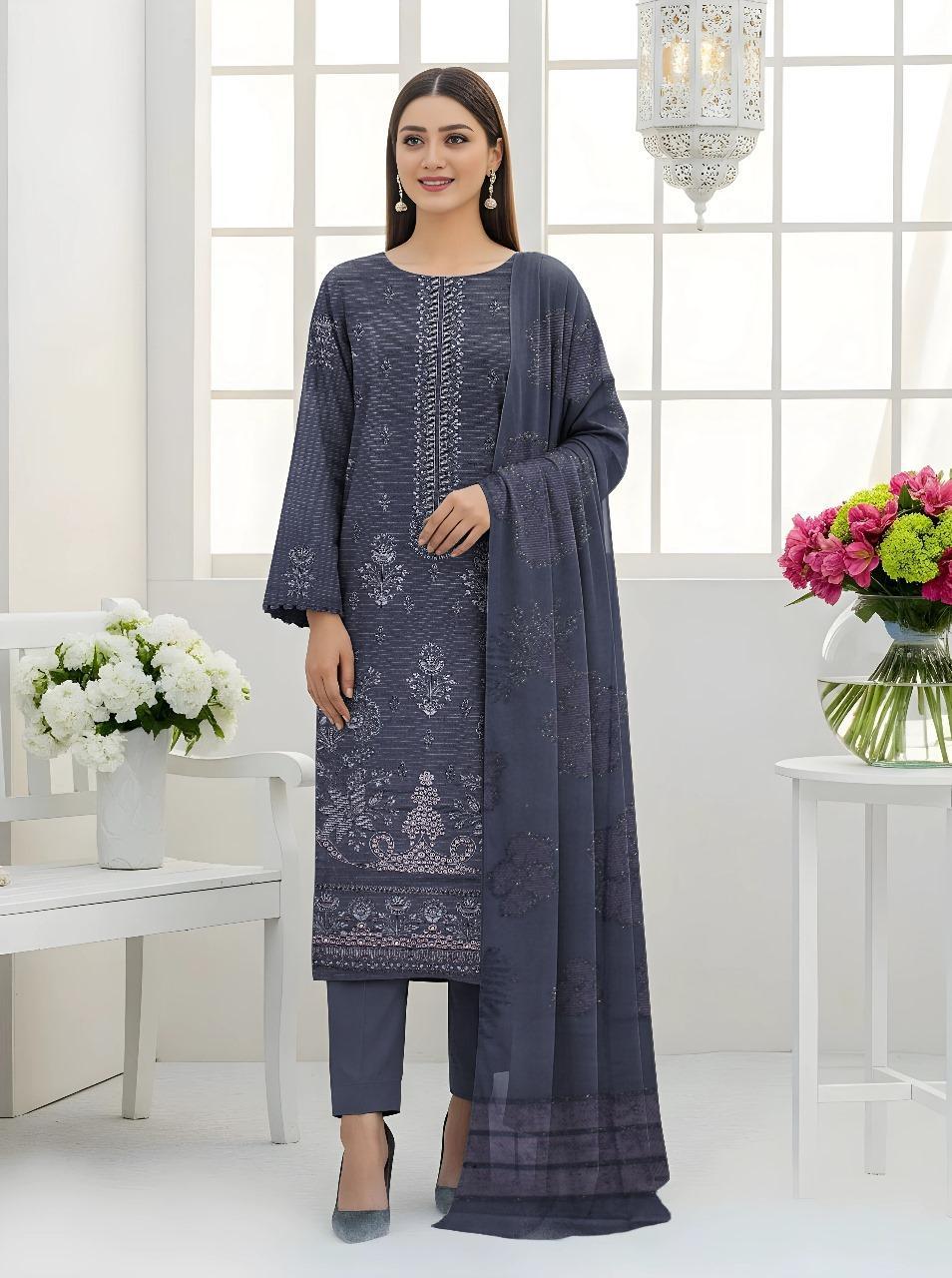 Grey Plain Embroidered