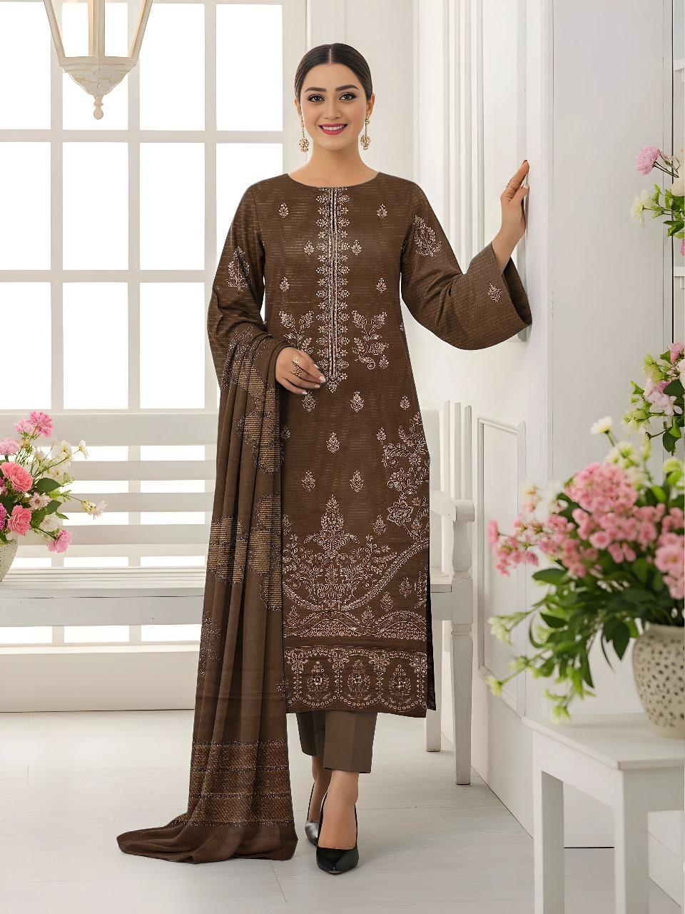 Brown Plain Embroidered